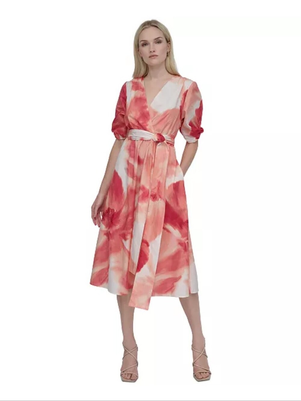 DKNY NWT Women 18W 100% Cotton Floral Wrap Midi Dress Belted Pink Orange $149